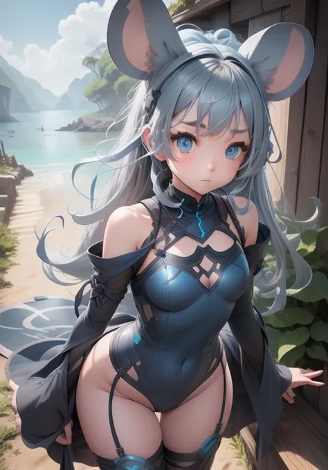 girl、、Bink、leotard、whole body。blue eyes、Gray Hair、functional、Seductive pose、front、noon、Outdoor、garden、Beach、Mouse Ears