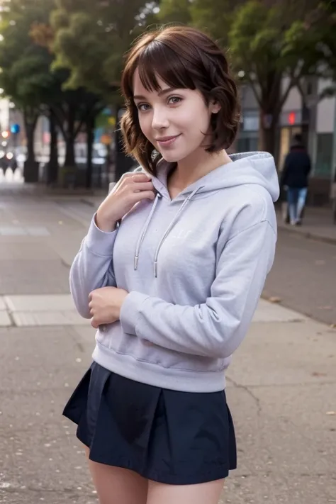 (best quality:0.8) perfect anime illustration, a pretty, happy woman with short curly brown hair on the street in the city, wear...