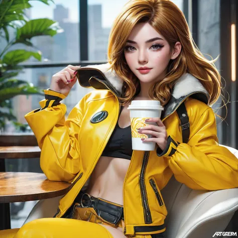 a woman in a yellow jacket holding a cup of coffee, extremely detailed artgerm, anime girl drinks energy drink, senna from league of legends, lovely brigitte from overwatch, brigitte from overwatch, ruan jia and artgerm, trending artgerm, faye valentine, l...