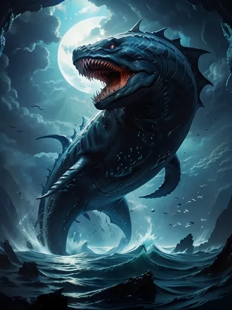 black marine ocean monster with big fins, swimming in the deep open ocean, dark open ocean background, dramatic lighting, epic f...