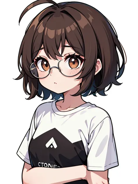 1 Girl, One, Brown eyes, glasses with lenses, (Detailed eyes), плоская грудь с крупными standingчими сосками, short hair, shaggy brown hair, ahoge, ((White T-shirt)), plain t-shirt, black skirt, black socks, standing, Upper body, (White background), transp...