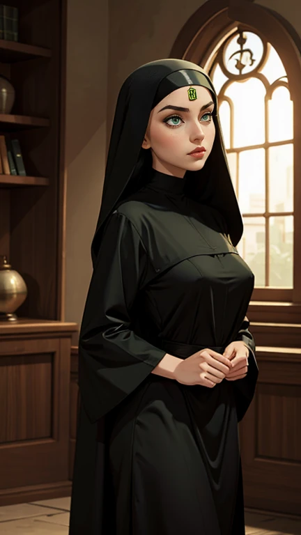 Creates a woman with long black hair and green eyes in a nun&#39;s habit with helicopters behind her and armed men.