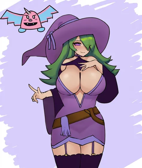 ((art by Kipteitei)), ((Masterpiece, best quality, perfect lighting, amazing shading)), perfect anatomy, field of depth, extremely beautiful, detailed face, ultra cute face, cute, long green hair, purple witches robes, purple stockings and garters, belt, s...