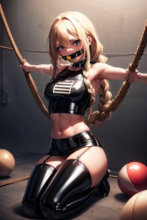 Shiny blond hair, very long hair, sophisticated haircut, ((((hair fully braided)))), ((small twisted braids)), thin and oval face, submissive, ((((tight latex crop top)))), ((((tight latex skirt)))), (((gagged with a fine ball gag:1.4))),cute and blushing ...