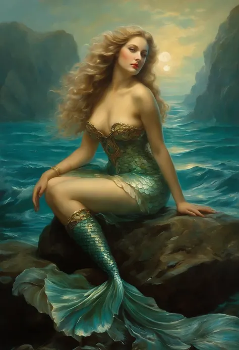 ((baroque painting A beautiful mermaid sitting on a rock at the bottom of the sea)), ((mermaid tail)), sexy and sensual, Seductive love goddess, Lúthien, goddess art, Goddess of Greek mythology, Moon Goddess, Goddess of love and peace, beautiful goddess, G...