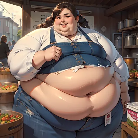 (masterpiece, best quality, highres, detailed, realistic:1.2), young woman, USSBBW, (morbidly obese:1.4), detailed face, beautiful face, happy expression, (streched clothing), (ripped clothing), canteen, eating food