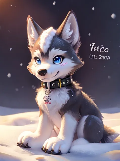 snow wolf, a collar with "wee" written on it, name" aero" written on background