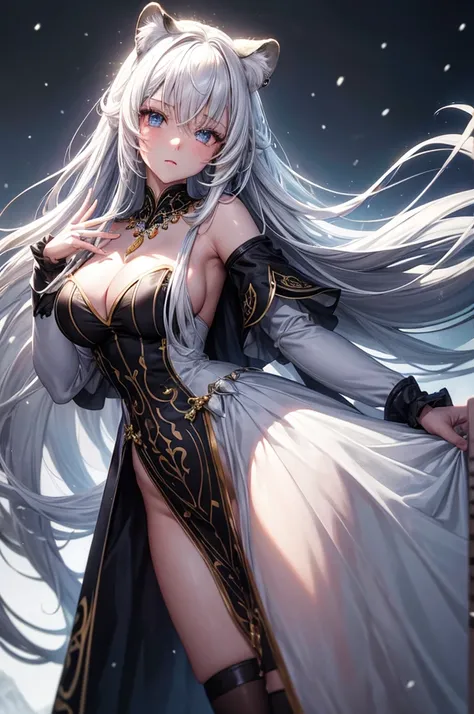 (masterpiece, best quality:1.2),1 Girl, Upper Body,Tail, large Tail, white hair, Very long hair, curls, Gray eyes, deTailed eyes, Colorful hair, ring, Bead necklace, Animal ears, Leopard ears, Black cape, White Dress, - Hip vents, Pelvic Curtain, Grey knee...