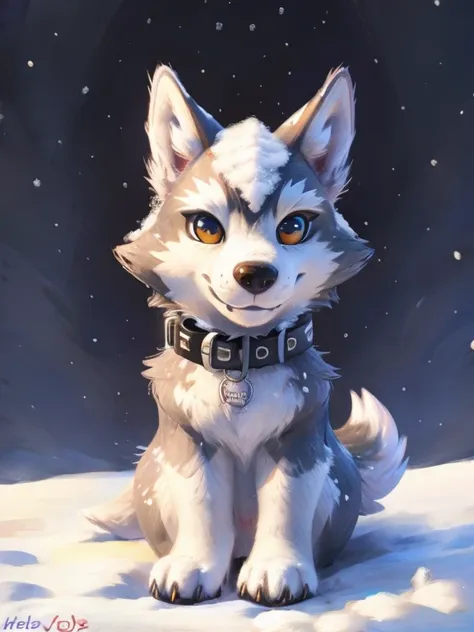 snow wolf, a collar with word "wee" written on it, name" aero" written on background