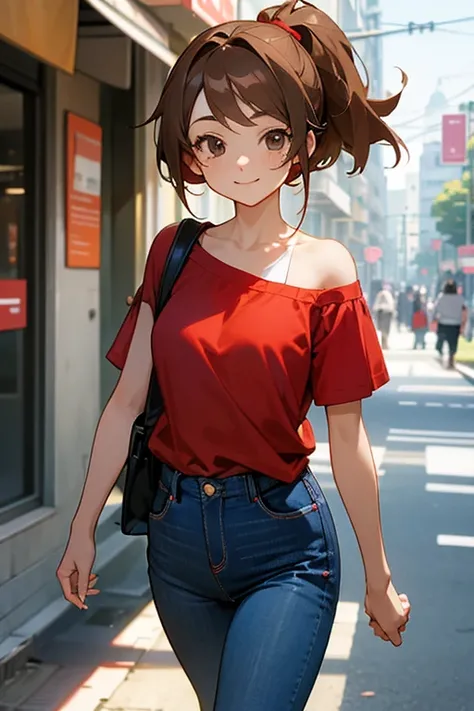 Please create an image of a female teenager, in anime style, smiling and cheerful, with fair skin, with short light brown hair, black eyes, wearing a red t-shirt, dark blue jeans, wearing a white shoulder bag, walking down the street.