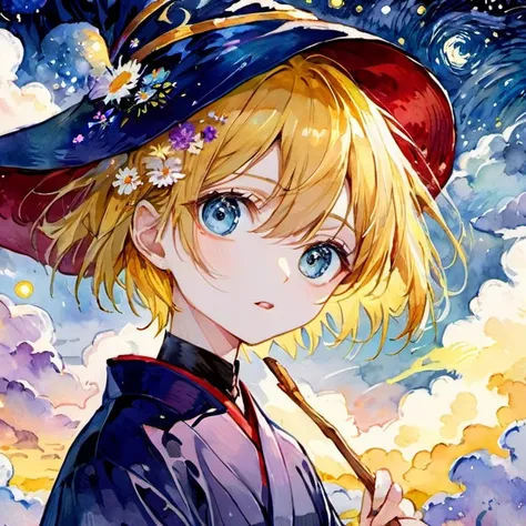  van goghs starry night style, beautiful and aesthetic,vivid color, by 3meiji, masterpiece, illustration, best quality, watercolor, portrait of beatiful yellow haired blue eyed wizard girl on clouds, clouds, flower, upper body, art, wizard hat, robe,grown ...