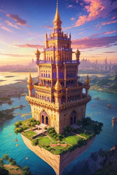 floating island with golden Muslim palace with vegetation and rivers with a tower in the center with a purple fire and blue sky background