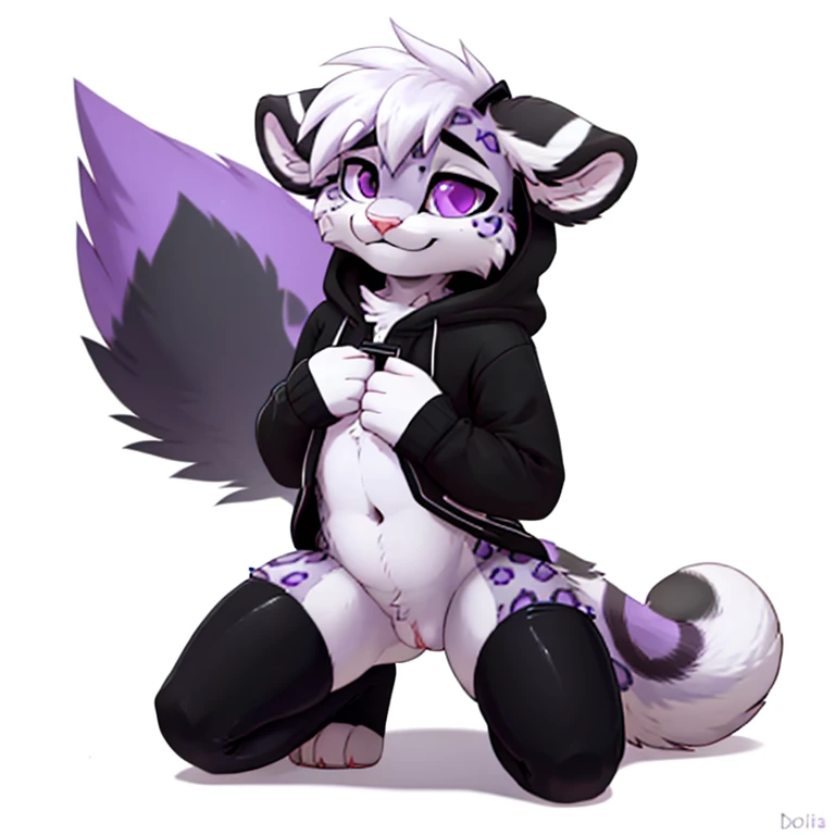 Anthropomorphic male snow leopard with pink nose, 4 black ears, spikes in head, purple eyes, purple spiked tail, full body view, solo, dressed small lifted black hoodie, black thigh high socks with white stripes, looking at viewer, half eyes closed, on kne...