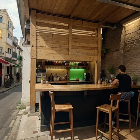 A juice bar width 7 foot, hight 8 foot,a wall is attached in the back,10 chairs infront, 5 chefs in that bar, The bar is outside,beside a street