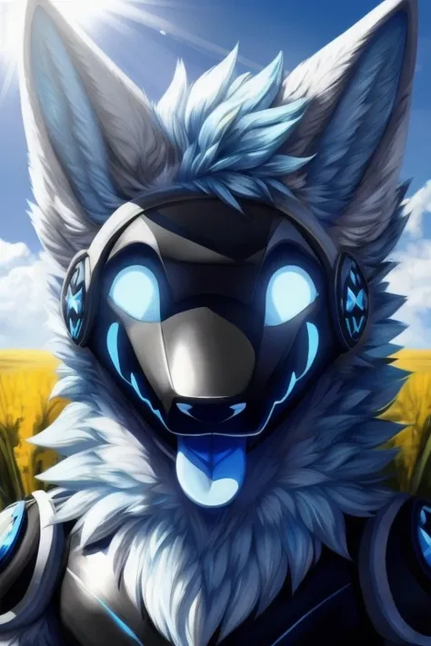 A light blue protogen furry male anthro character wolf  looking at the viewer with a really happy face with his tongue sticking out light blue eyes bright outside sunny day field looking at viewer very happy face, black armor black chestplate