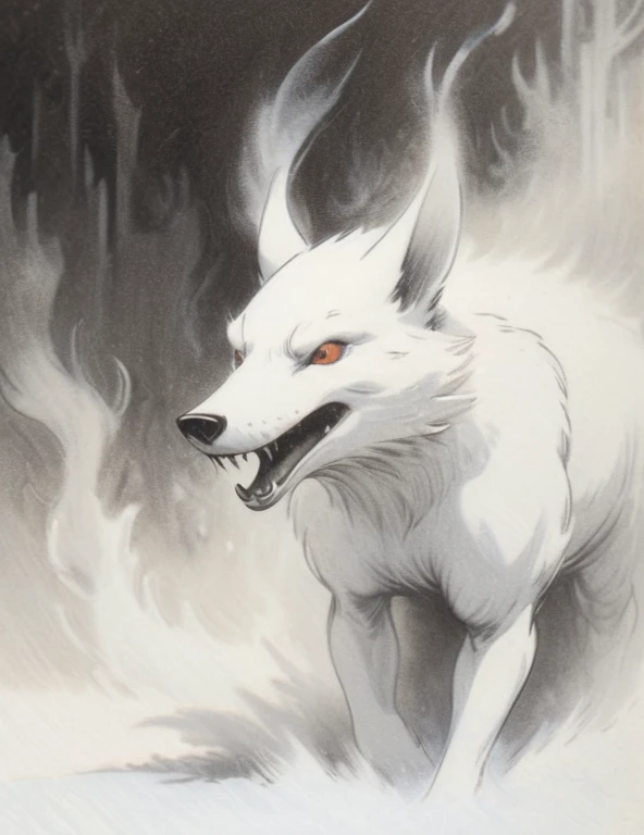 fox drawing, coming out of the smoke, hidden by fog, white smoke and false image, (white nothingness), (blurry white haze), (whi...