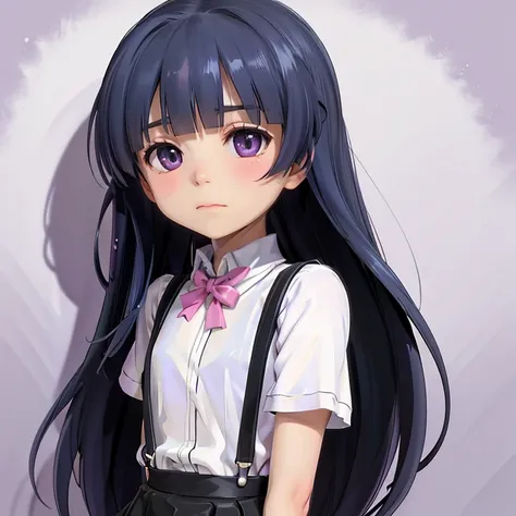 (furude rika, blue hair, purple eyes, white shirt, pink ribbon, suspenders, black skirt), (woman), ((black and white)),artistic,...