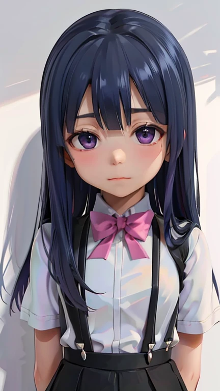 (furude rika, blue hair, purple eyes, white shirt, pink ribbon, suspenders, black skirt), (woman), ((black and white)),artistic,...