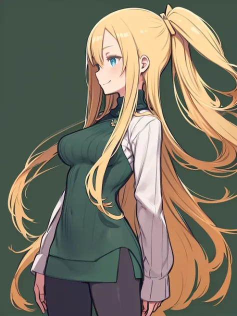 masterpiece、highest quality、High resolution、Very detailed、((Flat Color))、Medium wide shot、(A woman with long blonde hair and big breasts)、((Angle from the side、profile))、Smiling、Are standing、Hands at your side、Simple Background、Green Turtleneck Sweater、Dar...