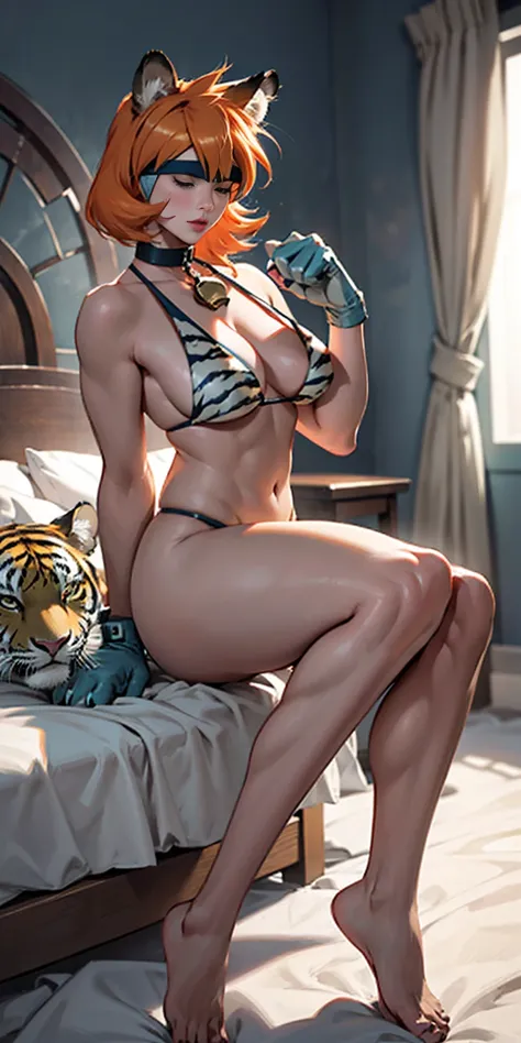 1girl, Misty Pokemon, side ponytail, orange hair gazed (blindfolded), animal tiger ears, animal tiger hands, animal tiger print, bell, bikini, breasts, choker, claws, cleavage, collar, full body, gloves, large breasts, pink lips, long hair, looking at view...