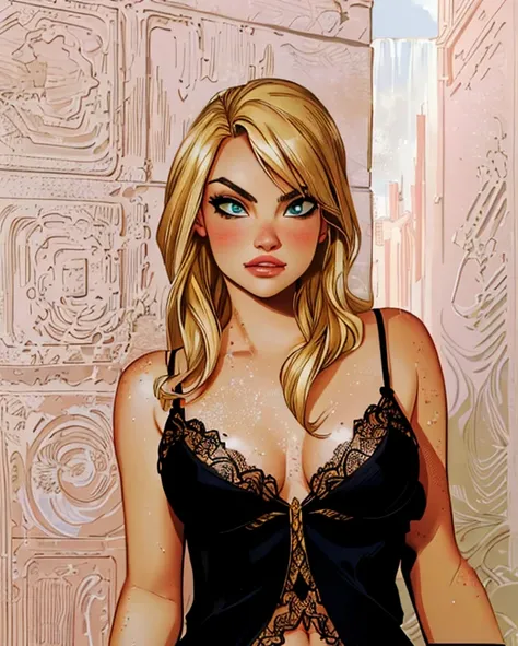 8k, digital painting, Comic Babes, blonde woman in a black dress posing in front of a wall, Evanna Lynch, Yvonne Strahovski, intense Steamy, Steamy, hot, Ema, looks like Britney Spears, Quinn, art, Incredible, trending art quality, Britney Spears, note:, p...