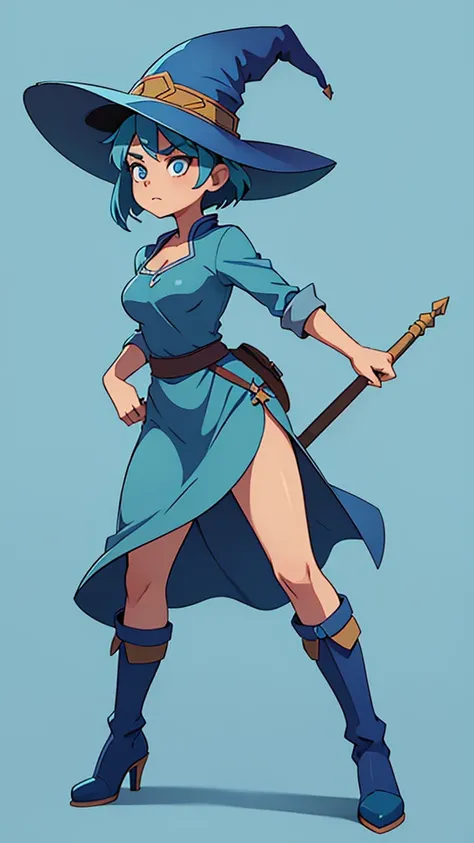  medium breast, Short blue hair. She has blue slanted eyes. Straight hair to the shoulder wearing a large witch hat. Wearing aqua blue laytex outfit with knee high heel, dark castle interior background, kung fu stance, close up, back turned 