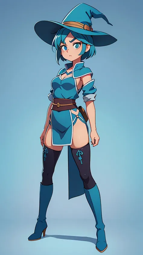  medium breast, Short blue hair. She has blue slanted eyes. Straight hair to the shoulder wearing a large witch hat. Wearing aqua blue laytex outfit with knee high heel, dark castle interior background, kung fu stance, close up, back turned 