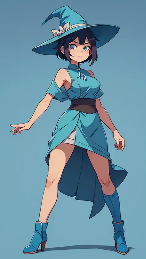  medium breast, Short blue hair. She has blue slanted eyes. Straight hair to the shoulder wearing a large witch hat. Wearing aqua blue laytex outfit with knee high heel, dark castle interior background, kung fu stance, close up, back turned 