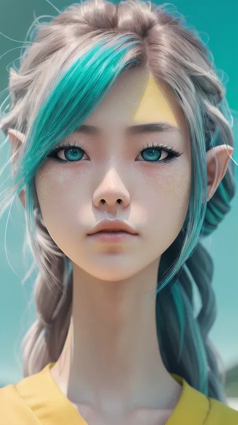 RAW, Realism, hyperrealism, ray tracing, high details, super detail, UHD, 8k, professional photograph, movie photograph, medium shot, Female elf, twenty years old, night, athletic body, soft facial features, long hair, straight hair, (((pacific cyan hair))...