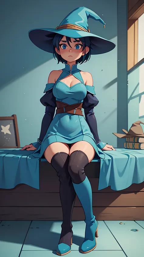  medium breast, Short blue hair. She has blue slanted eyes. Straight hair to the shoulder wearing a large witch hat. Wearing aqua blue laytex outfit with knee high heel, dark castle interior background, sitting on the floor 