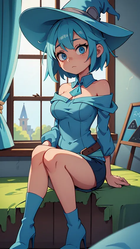  medium breast, Short blue hair. She has blue slanted eyes. Straight hair to the shoulder wearing a large witch hat. Wearing aqua blue laytex outfit with knee high heel, dark castle interior background, sitting on the window sill 