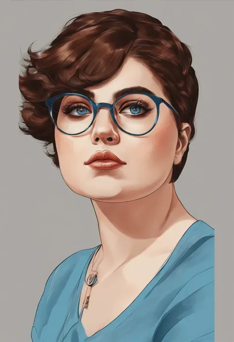 Chubby girl sad Brown short hair glasses blue eyes portrait 