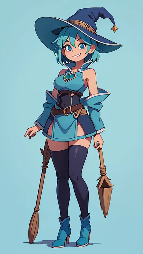  medium breast, Short blue hair. She has blue slanted eyes. Straight hair to the shoulder wearing a large witch hat. Wearing aqua blue laytex outfit with knee high heel, dark castle interior background, smiling, upper body 