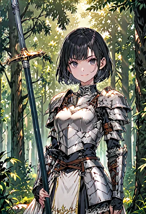 solo, female, sfw, medium shot, armor, sallet, smile, pose, brigandine armor, forest, polearm, day, standing, short hair, black hair, black eyes