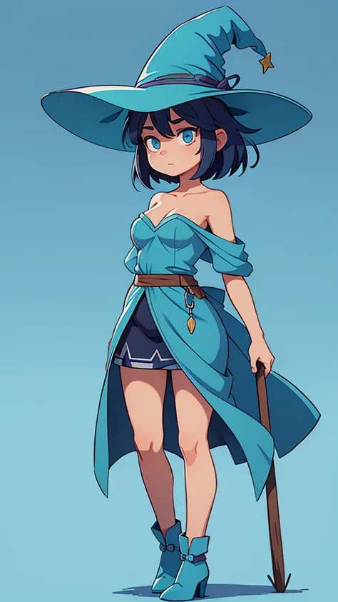  medium breast, Short blue hair. She has blue slanted eyes. Straight hair to the shoulder wearing a large witch hat. Wearing aqua blue laytex outfit with knee high heel, dark castle interior background, upper body portrait 