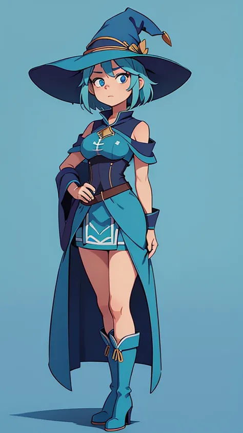  medium breast, Short blue hair. She has blue slanted eyes. Straight hair to the shoulder wearing a large witch hat. Wearing aqua blue laytex outfit with knee high heel, dark castle interior background, upper body portrait 