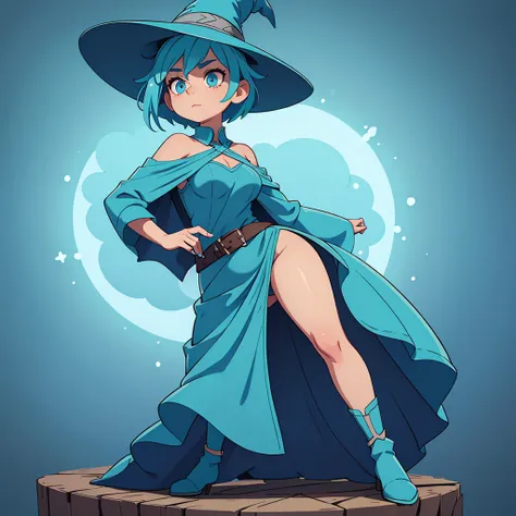  medium breast, Short blue hair. She has blue slanted eyes. Straight hair to the shoulder wearing a large witch hat. Wearing aqua blue laytex outfit with knee high heel, dark castle interior background, upper body portrait 