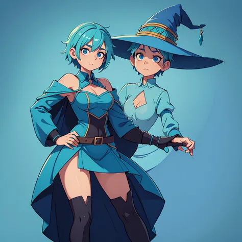  medium breast, Short blue hair. She has blue slanted eyes. Straight hair to the shoulder wearing a large witch hat. Wearing aqua blue laytex outfit with knee high heel, dark castle interior background, upper body portrait 