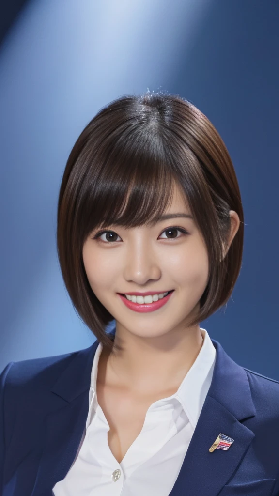 A ultra young Japanese girl, navy blue business suit, incredibly cute, very short hair, big smile, (best quality,4k,8k,highres,masterpiece:1.2),ultra-detailed,(realistic,photorealistic,photo-realistic:1.37),professional, vivid colors, studio lighting