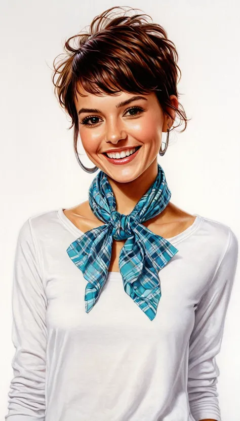 crea una mujer sonriendo de pelo corto pixie, with shirt and neckerchief masterpiece, estilo ilustracion de Ali Erturk, alto detalle, hiperrealista, luz natural,ilustracion , colores llamativos fondo de mariposas
