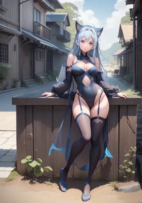 girl、、Bink、leotard、whole body。blue eyes、Gray Hair、functional、Seductive pose、front、noon、Outdoor、garden、Beach、No cat ears。