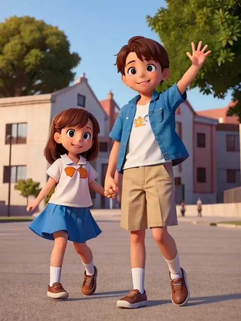 Create a video that shows a girl and a boy in the first image who are in a schoolyard , en la segunda imagen solo que salga el chico , In the other only the girl and in the last one they both come out smiling and raising their hands 