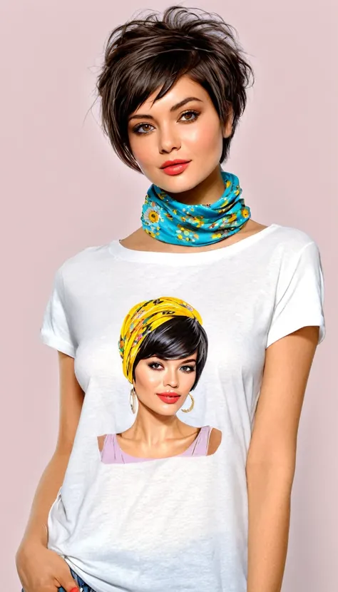 crea una mujer de pelo corto pixie, with t-shirt and neckerchief , obra maestra, estilo ilustracion de Ali Erturk, alto detalle, hiperrealista, luz natural,ilustracion , colores llamativos y flores en el fondo
