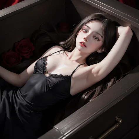 Realistic and detailed image of a beautiful and dead woman, Dark and pale skin, 20 years old, Lying in the coffin with a livid face, Red and demonic eyes opened