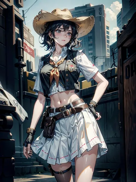 cowgirl costume, vest, cowboy hat, fingerless gloves, midriff, neckerchief, short skirt, holster, absurdres, RAW photo, extremely delicate and beautiful, masterpiece, Best Quality, ultra high resolution, 32k, hyperrealistic, ultra-detailed, detailed descri...