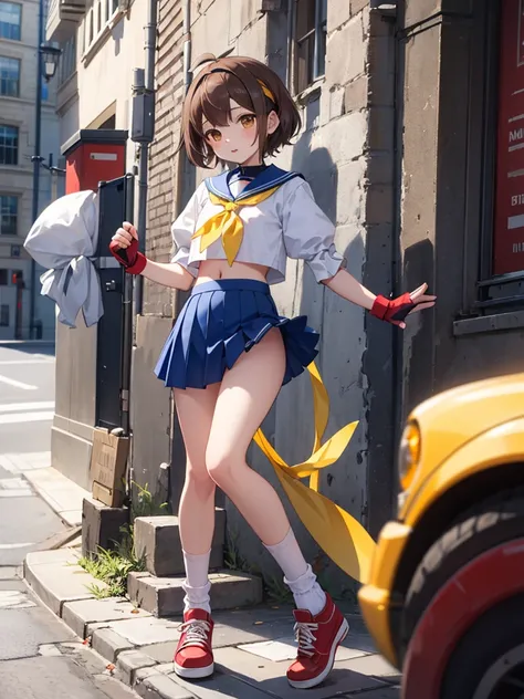 masterpiece, best quality, 1 girl, solo, 10 years old, flat chest, brown eyes, brown hair, short hair, bangs, ahoge, headband, , puffy sleeves, crop top, yellow neckerchief, blue skirt, fingerless gloves, thighs, white socks, red footwear, full body