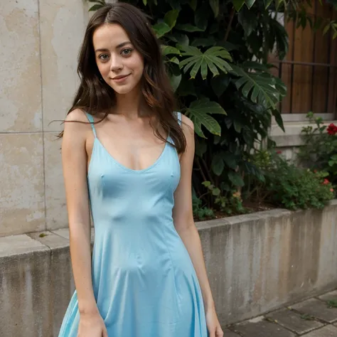 Kaya Scodelario wearing long v-neck dress smiling