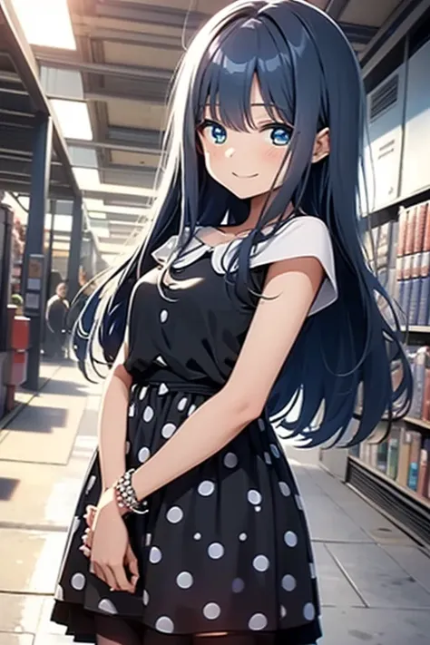 yachiyo nanami, blue hair, jewelry, long hair, dress, bracelet, polka dot, polka dot dress, blue eyes, pantyhose, black dress, b...