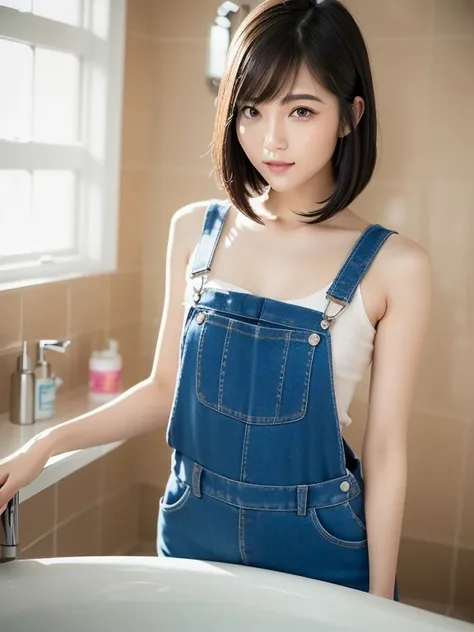 (slightly above), (best quality: 1.5), (realistic: 1.5), (1 person: 1.5), (very detailed), (high resolution), 8k, (naked overalls), (medium breasts), Natural colored lips, cute smile, Japanese woman, 20 year old girl, (Beautiful and elaborate face), (Perfe...