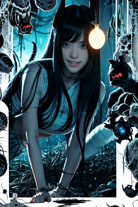 A poster depicting an Asian woman with many monsters, squat、Horror manga style, Nightcore, Made from vines, Dust pile, Realistic Hyper Detail, Dark White, Supernatural realism